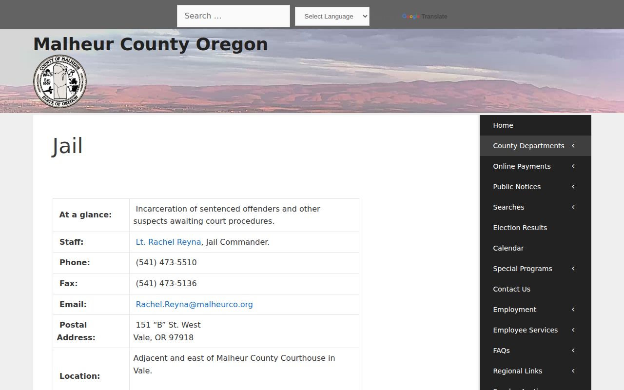 Malheur County jail information page for current custody and booking record fallback