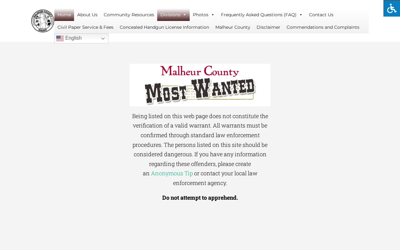 Malheur County official wanted-record notice page showing its blank public listing state