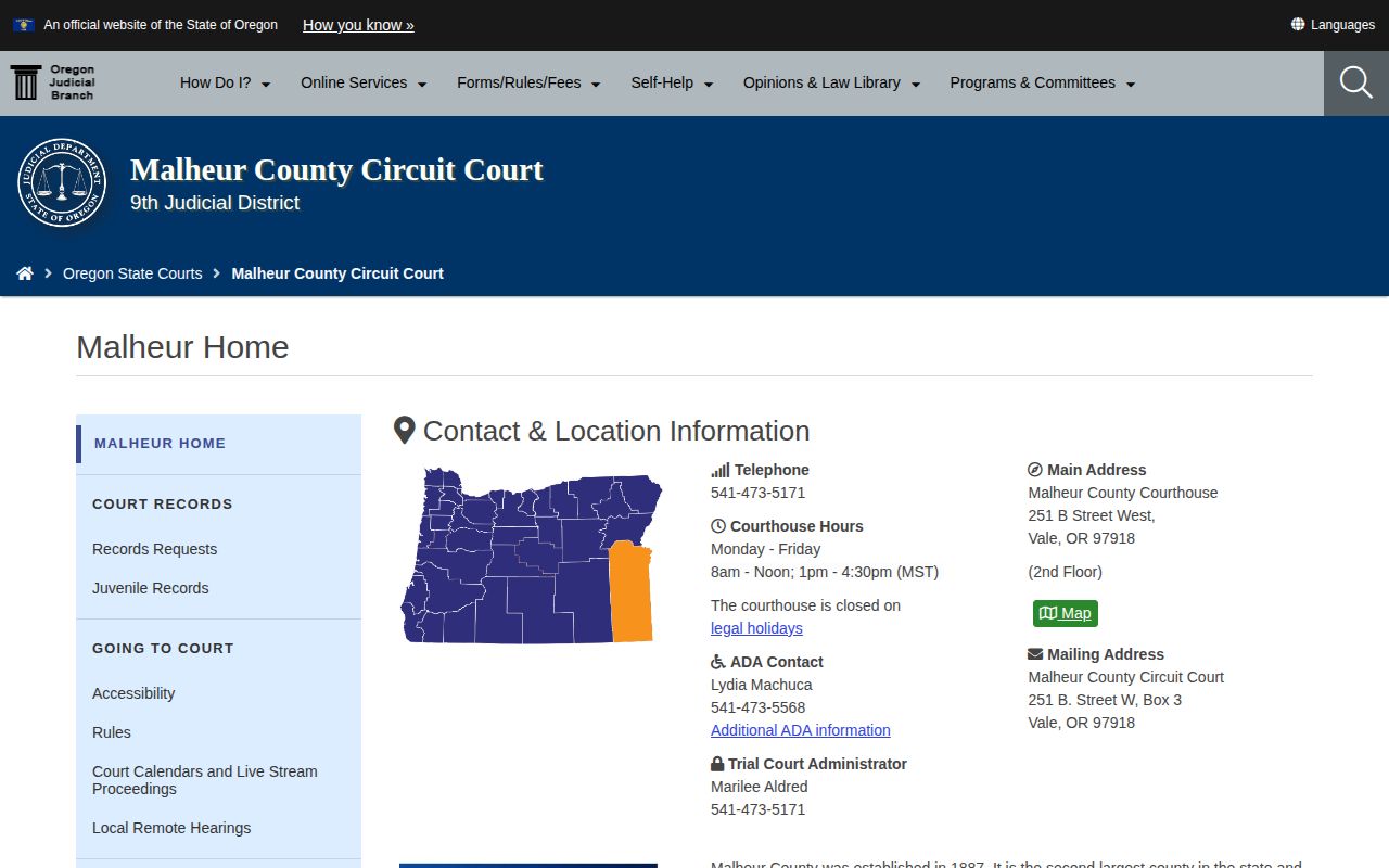 Malheur County Circuit Court page for booking record disposition followup